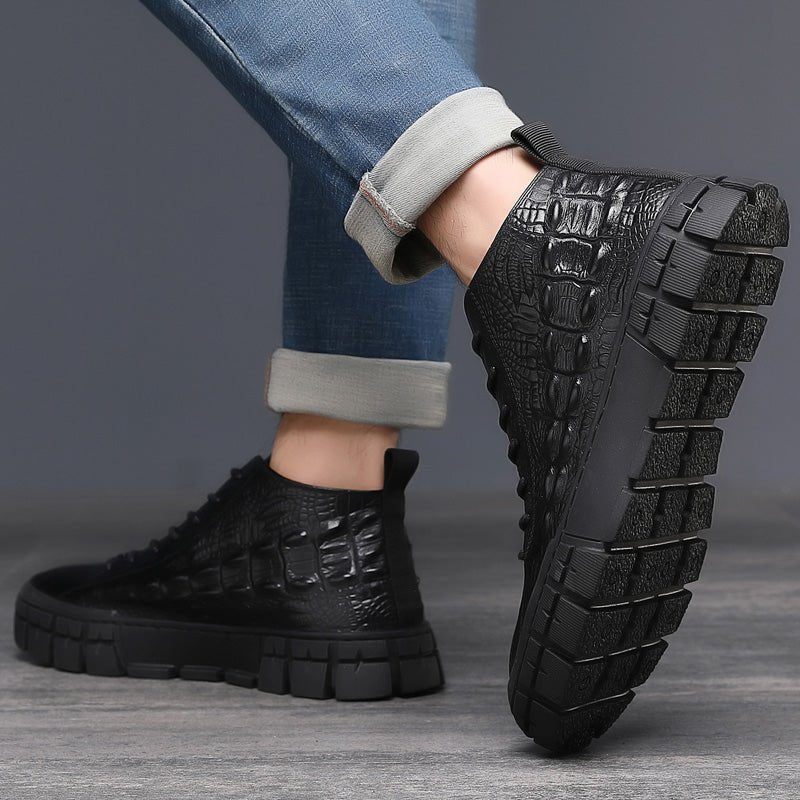 Tênis Masculino Com Plataforma Couro Cadarço E Sapatos Casuais - Preto