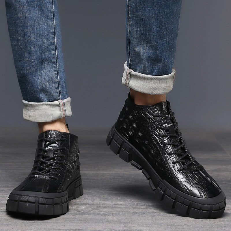 Tênis Masculino Com Plataforma Couro Cadarço E Sapatos Casuais - Preto