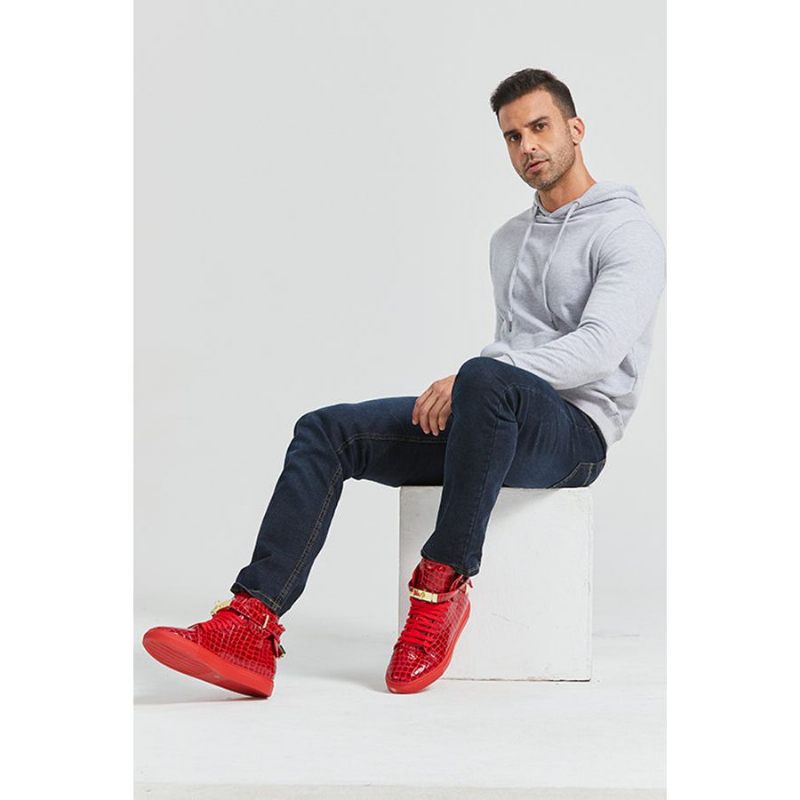 Tênis Masculino Luxo Crocemboss Casual Cano Alto - Vermelho