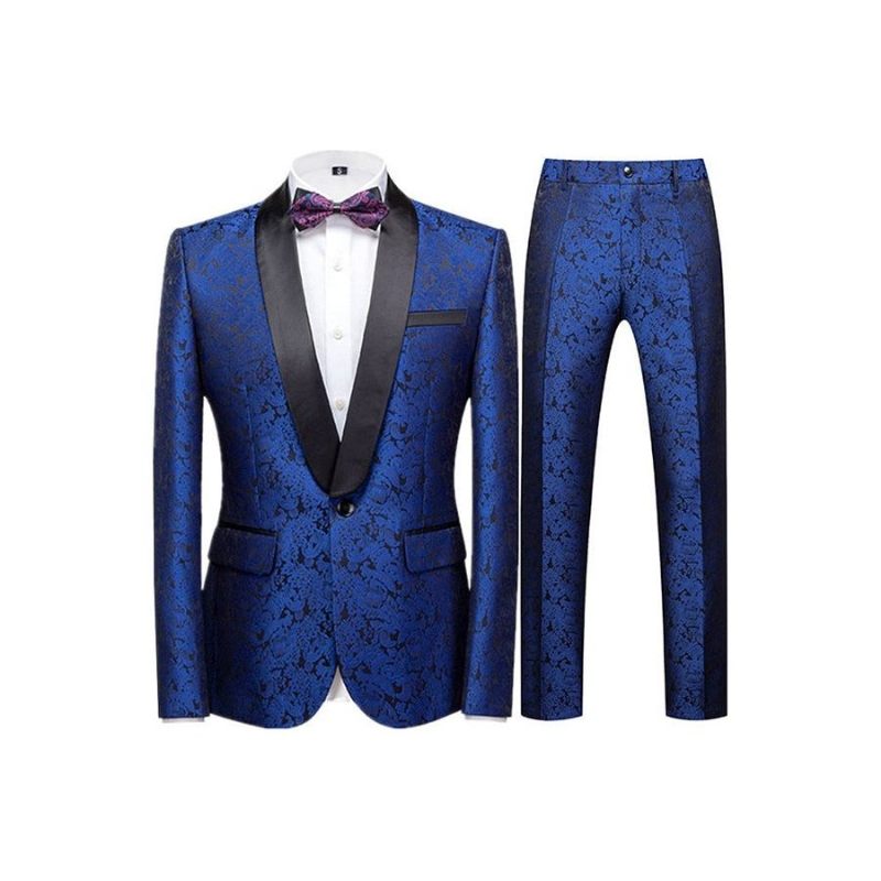 Ternos Masculinos Florais Chiques Conjunto Calça Com Peito Único - Azul