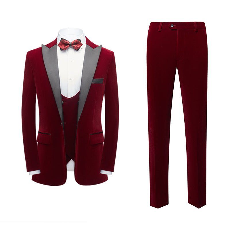 Ternos Masculinos Veludo Cotelê Chique Skinny Zíper Fly Terno 3 Peças - Vermelho